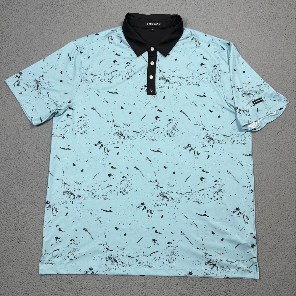 BYRDGANG Polo Shirt Mens XL Blue Splatter Print Golf Performance Stretch Casual